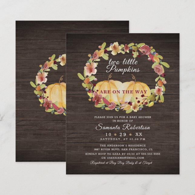 Budget Two Little Pumpkin Wood Floral Baby Shower  (Front/Back)