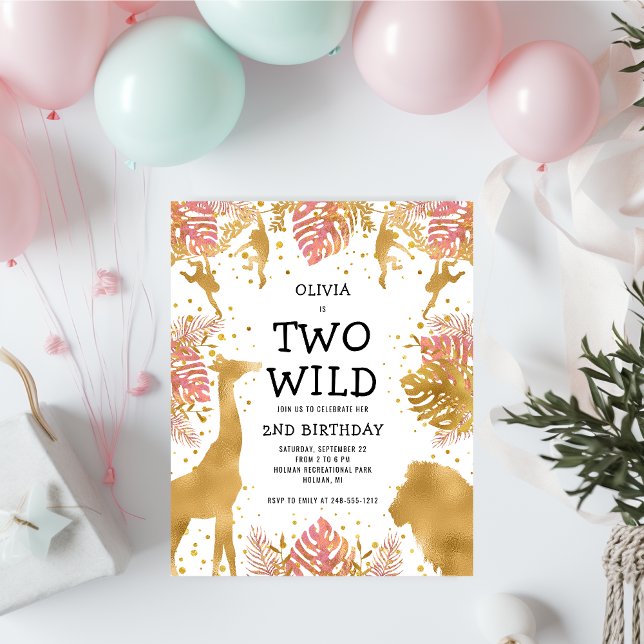 Budget Two Wild Pink Girls 2nd Birthday Invitation (Creator Uploaded)