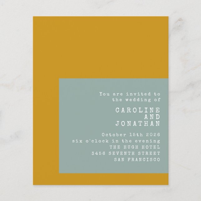 Budget Typewriter Mustard Sage Wedding Invite (Front)