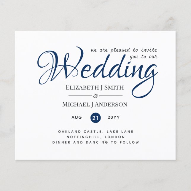 Budget TYPOGRAHY Wedding Invites - Navy Blue (Front)