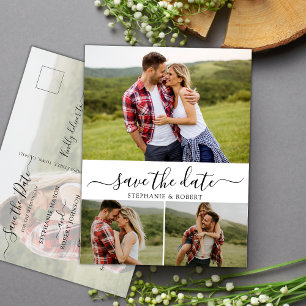 Budget Typography 3 Photo Collage Save The Date Announcement Postcard