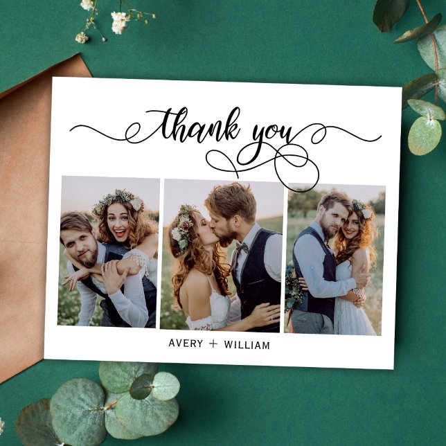 Budget Typography 3 Photo Wedding Thank You Card (Creator Uploaded)