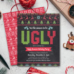 Budget Ugly Sweater Christmas Chalkboard Invite<br><div class="desc">Celebrate the holiday party season in “style” with your ugliest, tackiest Christmas sweater! Cute, whimsical trees, reindeer, ornaments, and playful “sweater” typography in red, green and aqua blue, overlay a chalkboard background. A white fair isle pattern of trees, reindeer, and ornaments, over a red background, adorns the back. Celebrate with...</div>