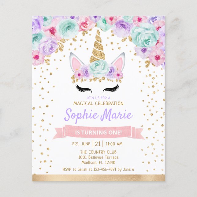 Budget Unicorn 1st Birthday Teal Purple Invitation Flyer (Front)