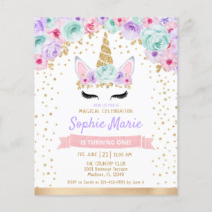 Budget Unicorn 1st Birthday Teal Purple Invitation Flyer