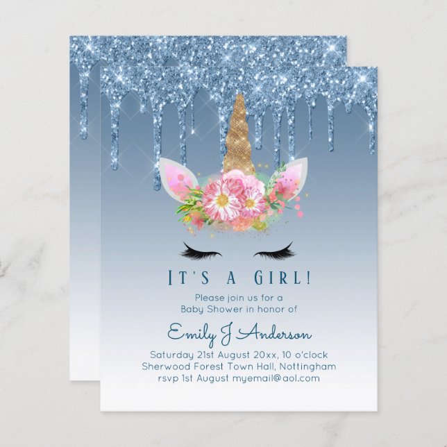 Budget Unicorn Baby Shower Blue Girls Cute (Front/Back)