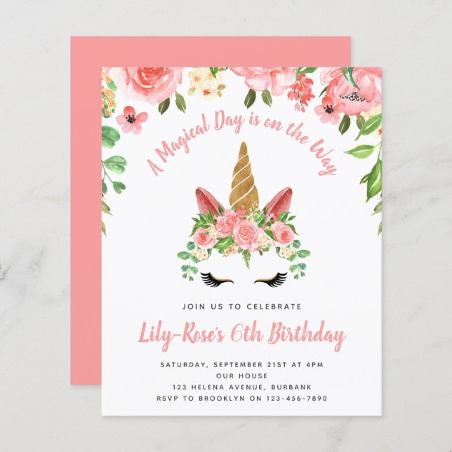 BUDGET Unicorn Face Floral Birthday Invitation (Front/Back)