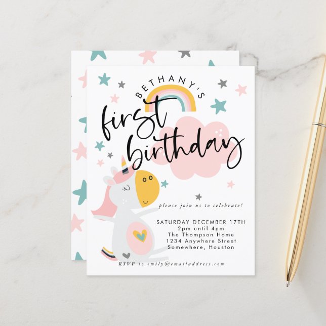 Budget Unicorn  Girl 1st Birthday Invitation (Front/Back In Situ)