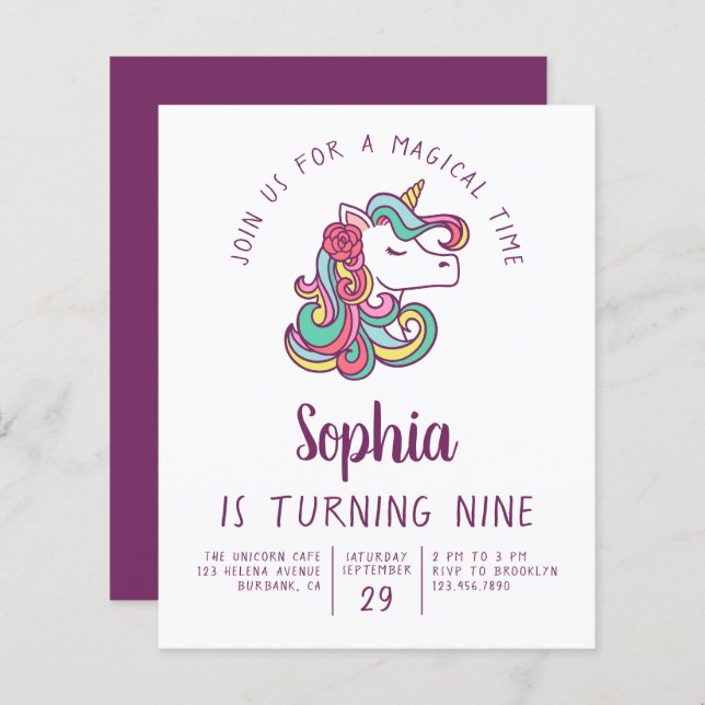 Budget Unicorn Kid's Birthday Party Invitation (Front/Back)