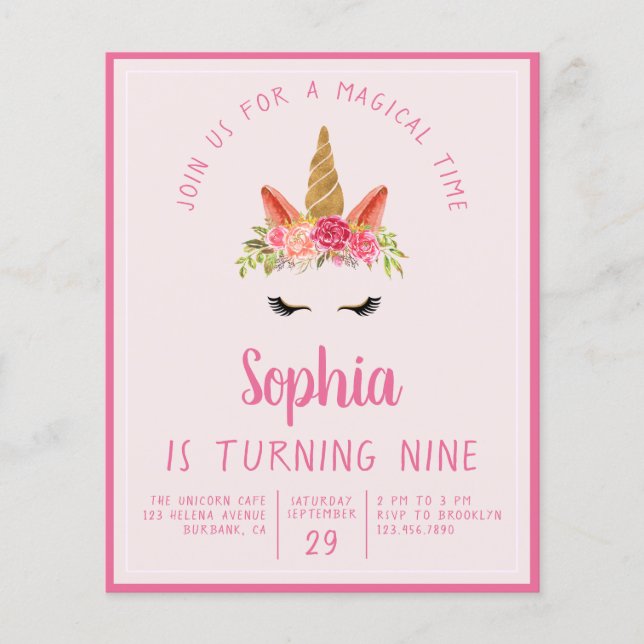 Budget Unicorn Kid's Birthday Party Invitation Flyer (Front)