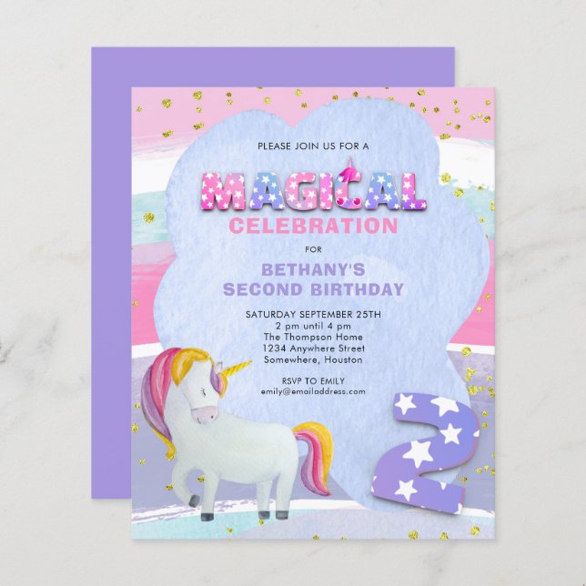 Budget Unicorn Magical 2nd Birthday Invitation (Front/Back)
