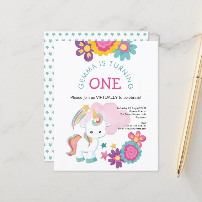 Budget Unicorn Virtual 1st Birthday Invitation (Front/Back In Situ)