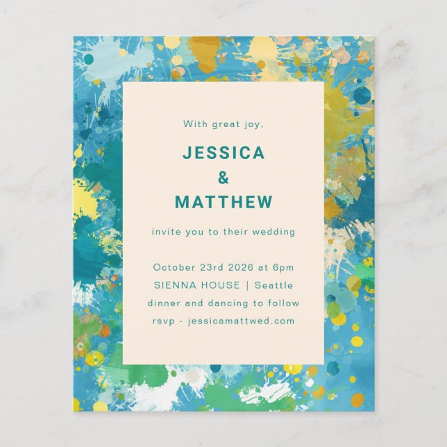 Budget Unique Abstract Blue Gold Wedding Invite (Front)