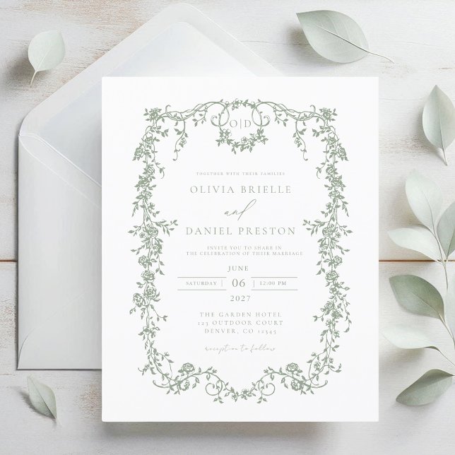 Budget Victorian Sage Green Wedding Invitation (Creator Uploaded)