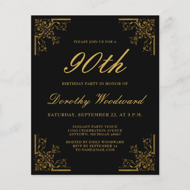 Budget Vintage Black Gold Birthday Invitation (Front)
