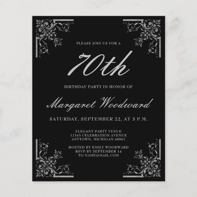 Budget Vintage Black Silver Birthday Invitation (Front)