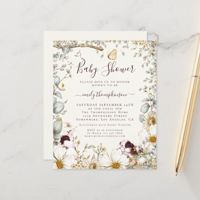 Budget Vintage Bunnies Baby Shower Cream Invite (Front/Back In Situ)