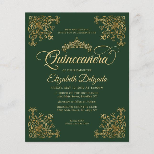 Budget Vintage Emerald Green Gold Quinceanera (Front)
