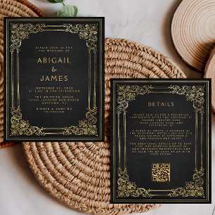 Budget Vintage Frame Black Gold QR Code Wedding