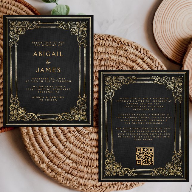 Budget Vintage Frame Black Gold QR Code Wedding (Creator Uploaded)