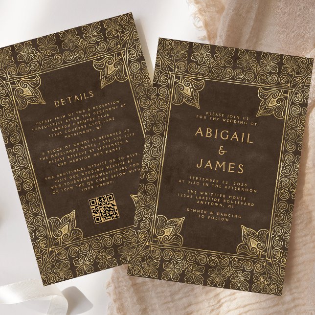 Budget Vintage Frame Brown Gold QR Code Wedding (Creator Uploaded)