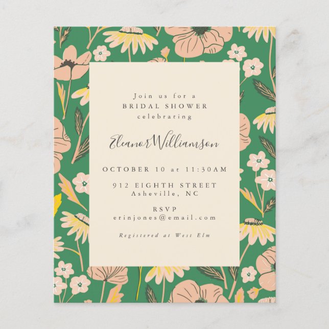 Budget Vintage Green Floral Bridal Shower Invite (Front)
