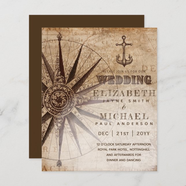BUDGET Vintage Nautical Map Wedding Invite (Front/Back)