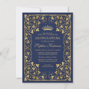 Budget Vintage Navy Blue Gold Tiara Quinceanera Card