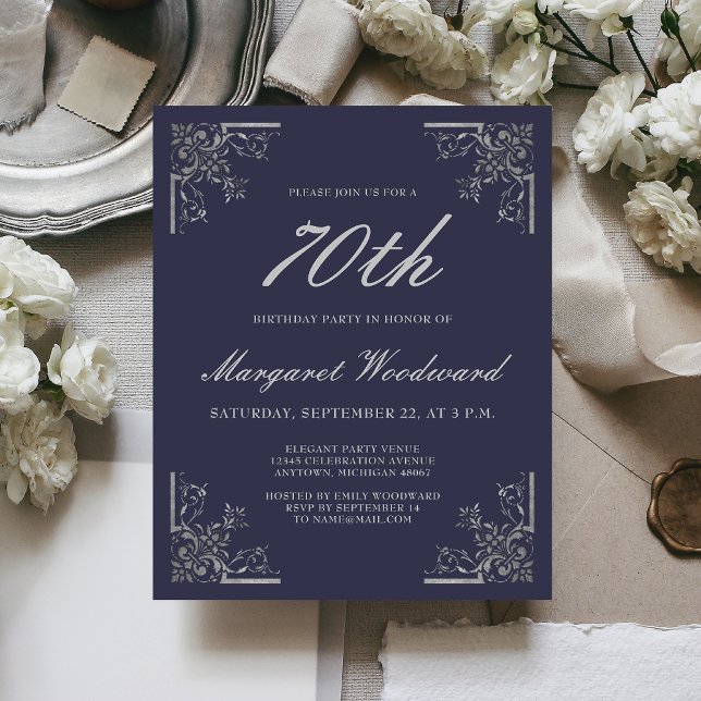 Budget Vintage Navy Silver Birthday Invitation (Creator Uploaded)