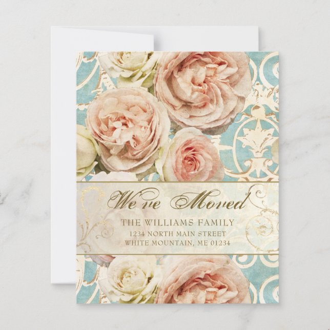 Budget Vintage Pink Rose Blue Damask Moving Card (Front)