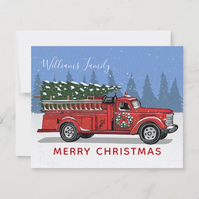 Budget Vintage Red Fire Truck Merry Christmas Card (Front)