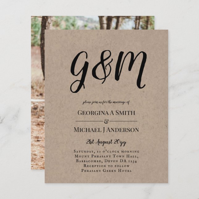 Budget Vintage Typography photo Wedding INVITE (Front/Back)