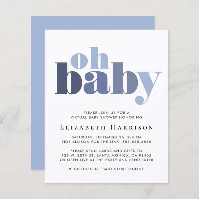 Budget Virtual Baby Boy Shower Blue Invitation (Front/Back)