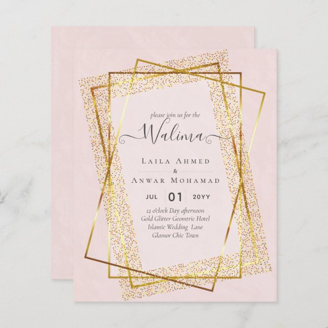 Budget Walima Muslim Wedding Gold Frame Invite (Front/Back)