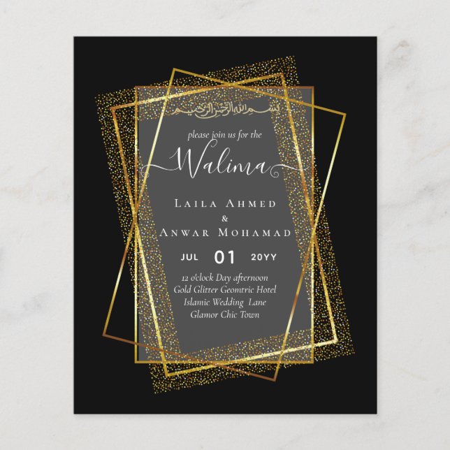 Budget Walima Muslim Wedding Gold Frame Invite Flyer (Front)