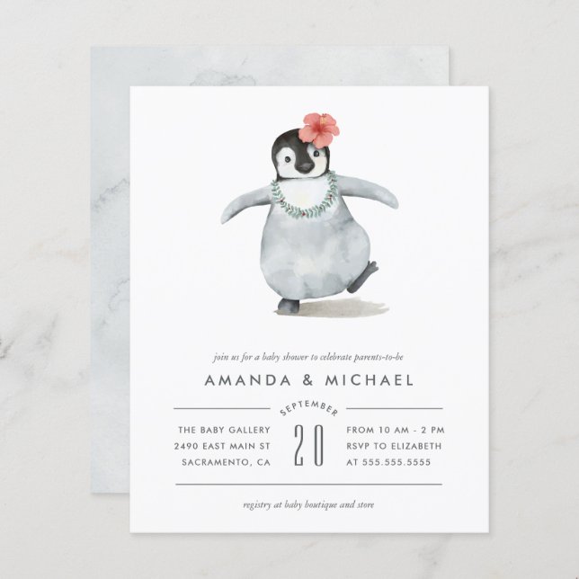 Budget Watercolor Baby Girl Penguin Baby Shower (Front/Back)