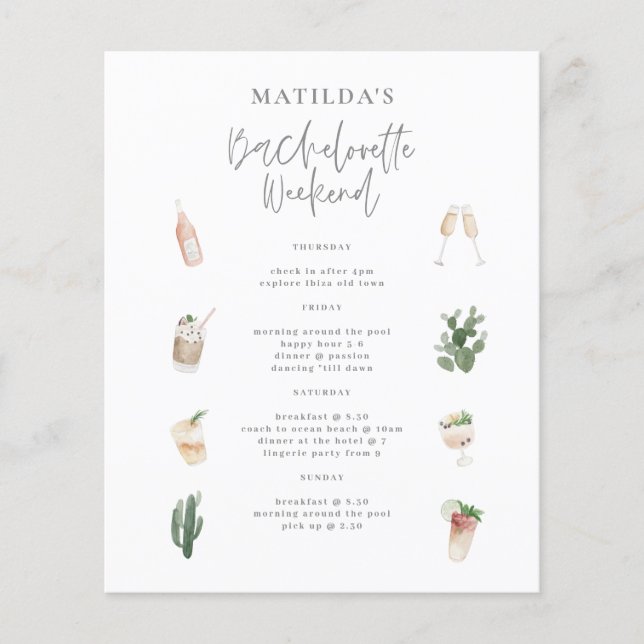 budget Watercolor bachelorette weekend itinerary Flyer (Front)