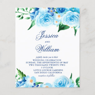 Budget Watercolor Blue Floral Wedding Invitation