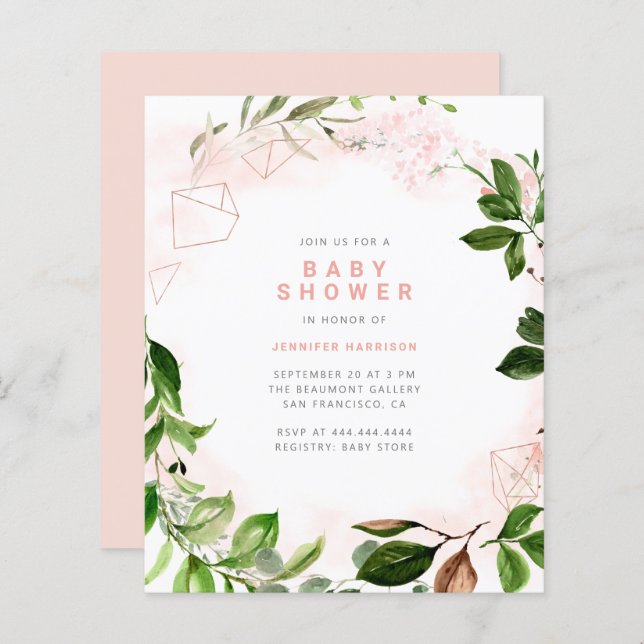 Budget Watercolor Blush & Greenery Baby Shower (Front/Back)