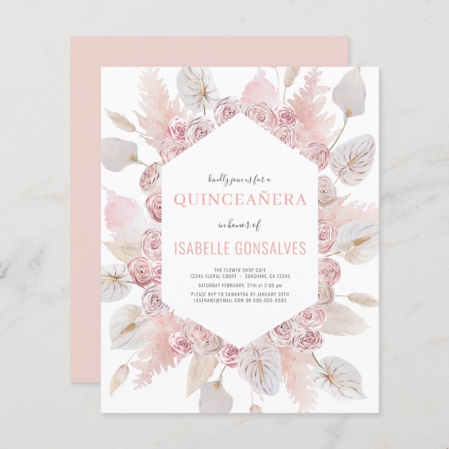 Budget Watercolor Boho QUINCEAÑERA Invitation (Front/Back)