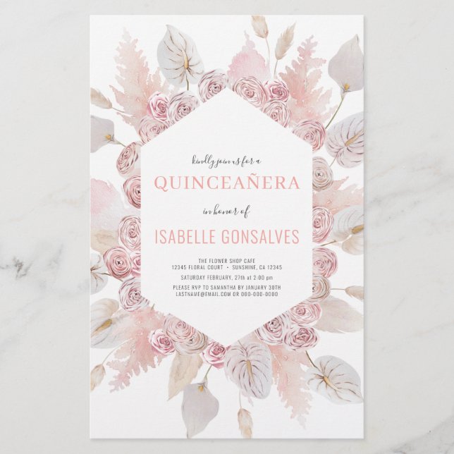 Budget Watercolor Boho QUINCEAÑERA Invitation  Flyer (Front)