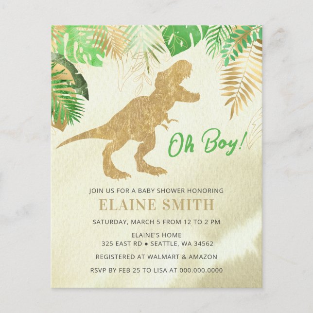 Budget Watercolor Dinosaur Baby Shower Invitation (Front)