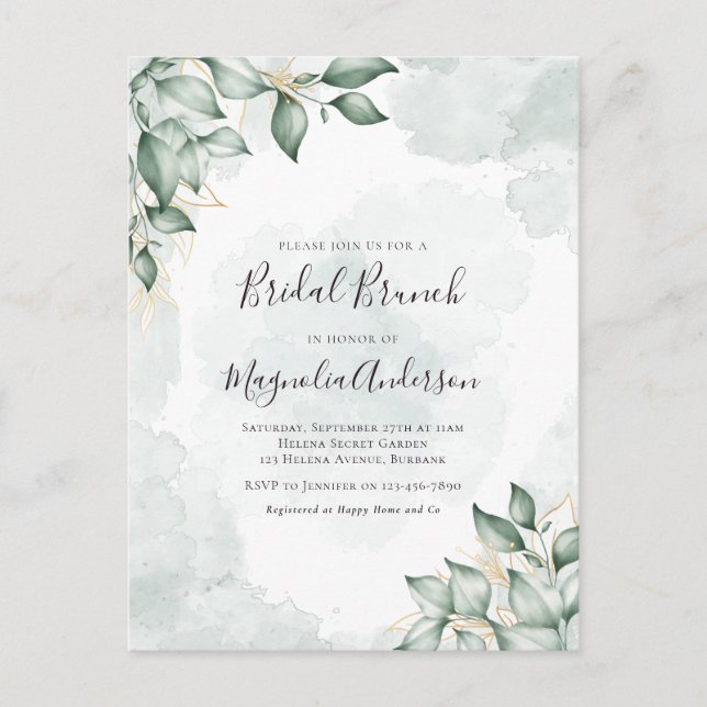 BUDGET Watercolor Eucalyptus Bridal Brunch Postcard (Front)