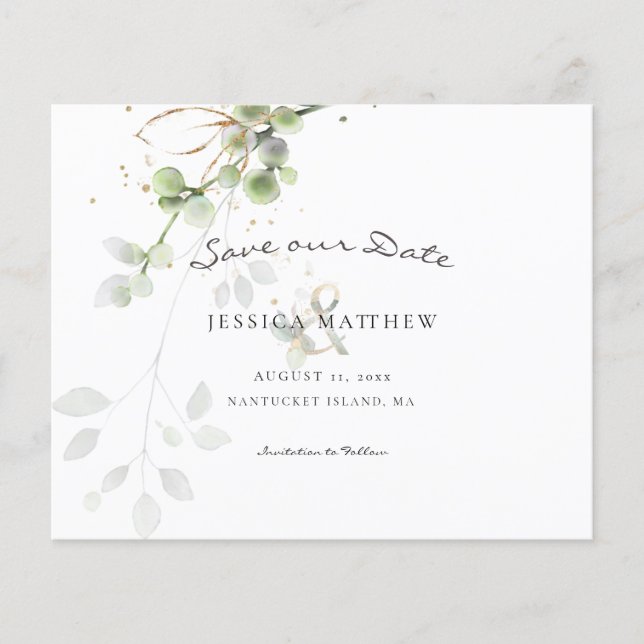 Budget Watercolor Eucalyptus Save The Date Card (Front)