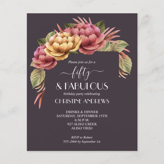 Budget Watercolor Floral 50th Birthday Invitation Flyer (Front)