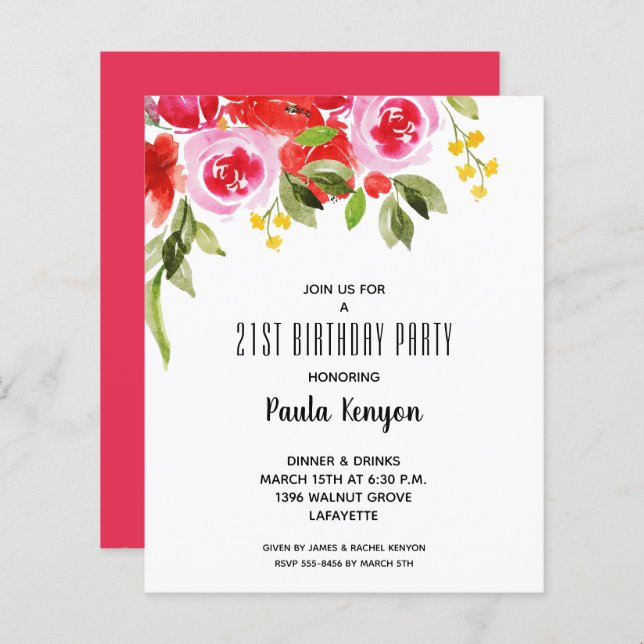 Budget Watercolor Floral Birthday Invitations (Front/Back)