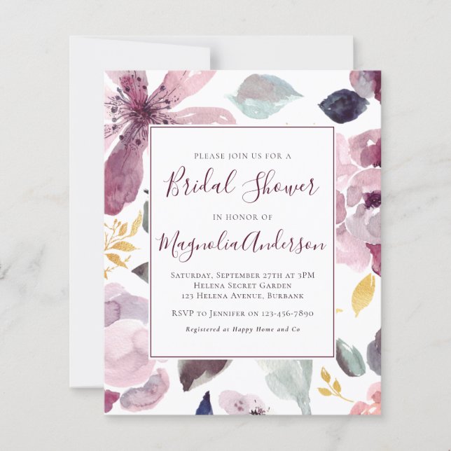 Budget Watercolor Floral Bridal Shower Invitation (Front)