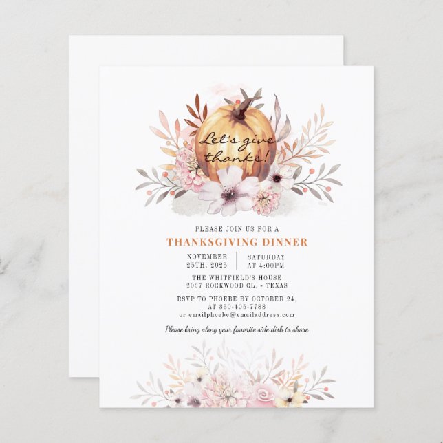 Budget Watercolor Floral Pumpkin Thanksgiving Card (Front/Back)