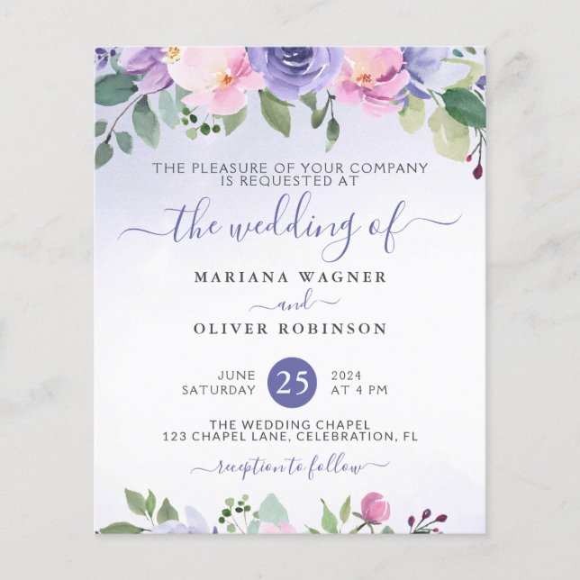 Budget Watercolor Floral Purple Pink Wedding (Front)