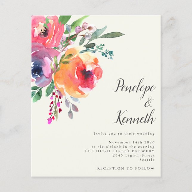 Budget Watercolor Flowers Elegant Script Wedding (Front)
